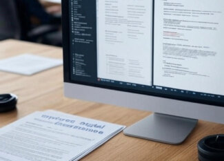 A photo of a business office with an open screen showing compliance monitoring software running. In the background, employees work normally. The focus is on a policy document titled “Employee Digital Use & Compliance” beside the monitor.