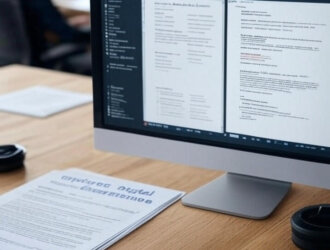 A photo of a business office with an open screen showing compliance monitoring software running. In the background, employees work normally. The focus is on a policy document titled “Employee Digital Use & Compliance” beside the monitor.