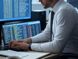 A realistic office scene showing a cybersecurity analyst reviewing Google Drive, Dropbox, and OneDrive logs on dual monitors. One screen displays a cloud activity audit log with timestamps and IP addresses, the other shows a data breach report. The workspace includes a notepad, coffee, and sticky notes labeled “Cloud Forensics.”