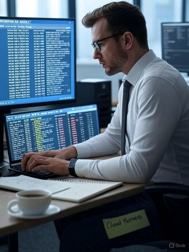 A realistic office scene showing a cybersecurity analyst reviewing Google Drive, Dropbox, and OneDrive logs on dual monitors. One screen displays a cloud activity audit log with timestamps and IP addresses, the other shows a data breach report. The workspace includes a notepad, coffee, and sticky notes labeled “Cloud Forensics.”