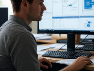 A realistic photo of a small business IT technician analyzing network traffic logs on a dual-monitor setup in a modest office. One screen shows Wireshark or similar forensic software, the other has a company network diagram. The setting is professional yet casual, with papers and coffee cups nearby.